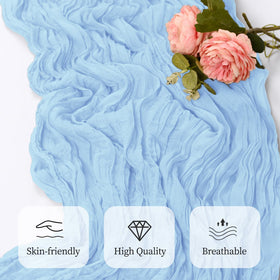 RealBox baby blue cheesecloth table runner party setup creates warm atmosphere