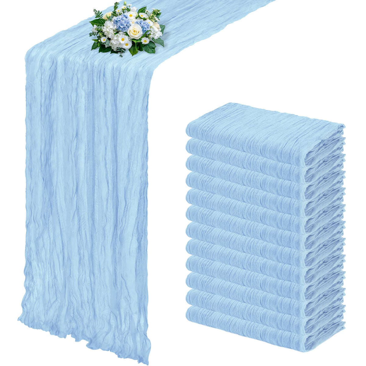 RealBox baby blue cheesecloth table runner rolled edges for romantic wedding decor
