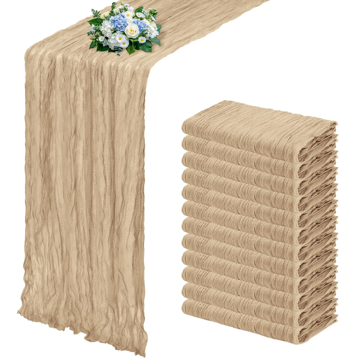 RealBox beige cheesecloth runner with pleats adds elegance to wedding tables.