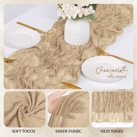 RealBox beige cheesecloth runner decorates a wedding arch with boho charm.