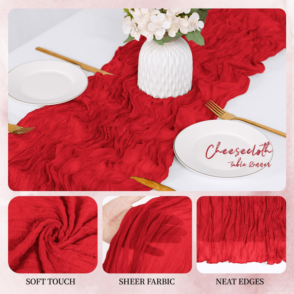 RealBox boho gauze runner draping beautifully on a wedding table