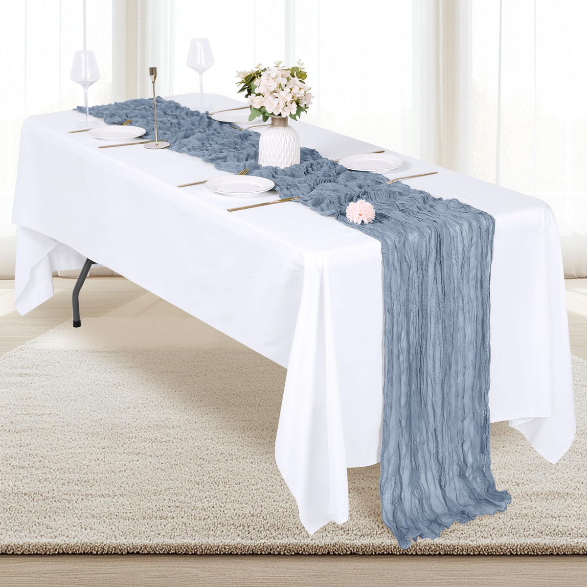 RealBox boho dusty blue table decor enhancing rustic wedding reception.