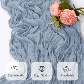 RealBox dusty blue runner used as chair sash and backdrop accent.