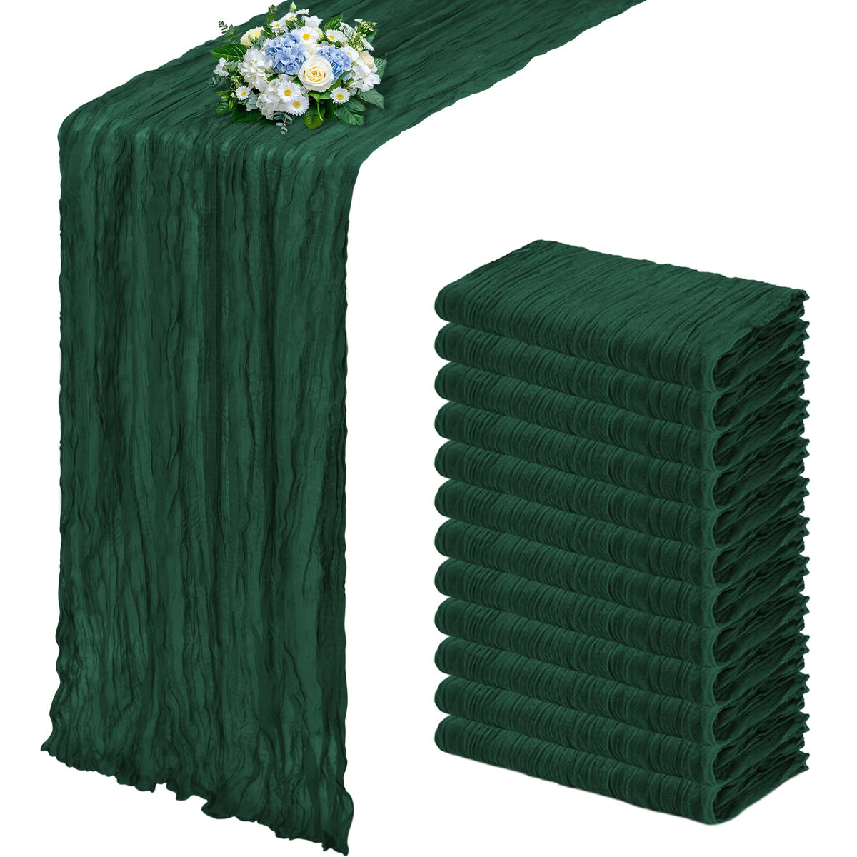 RealBox emerald green cheesecloth table runner with pleated design for elegant wedding tables