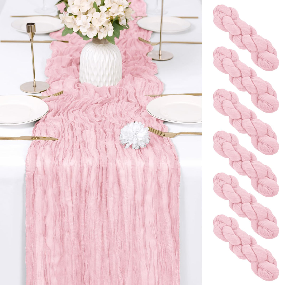 RealBox light pink cheesecloth table runner 6-pack covers long tables with elegant drape.