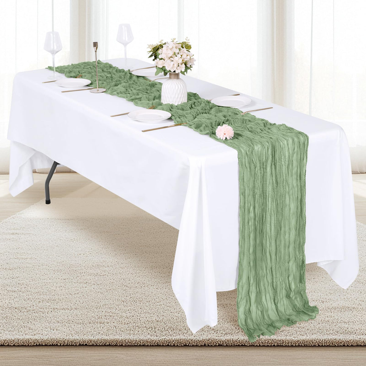 Rustic wedding table setup featuring RealBox sage green runners.