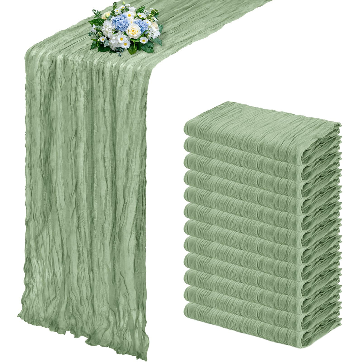RealBox sage green table runner with pleated gauze for elegant tables.