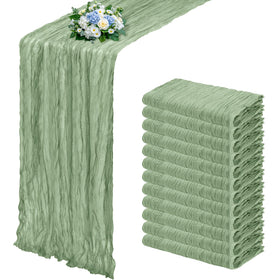 RealBox sage green table runner with pleated gauze for elegant tables.