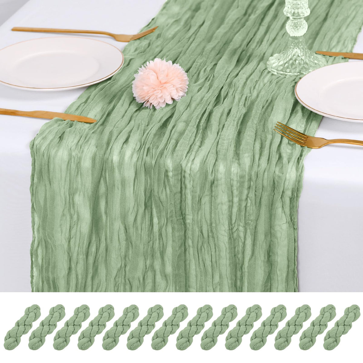 RealBox sage green cheesecloth table runner close-up showing soft drape and texture for elegant tables