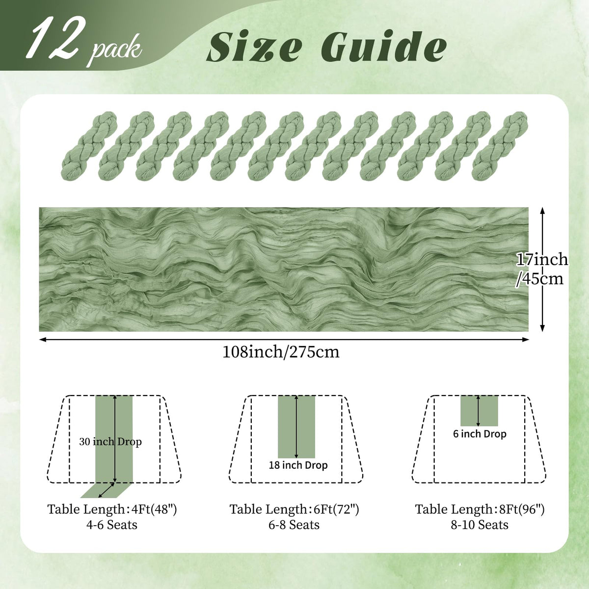 RealBox 12-pack sage green runners ideal for weddings and festive decor.