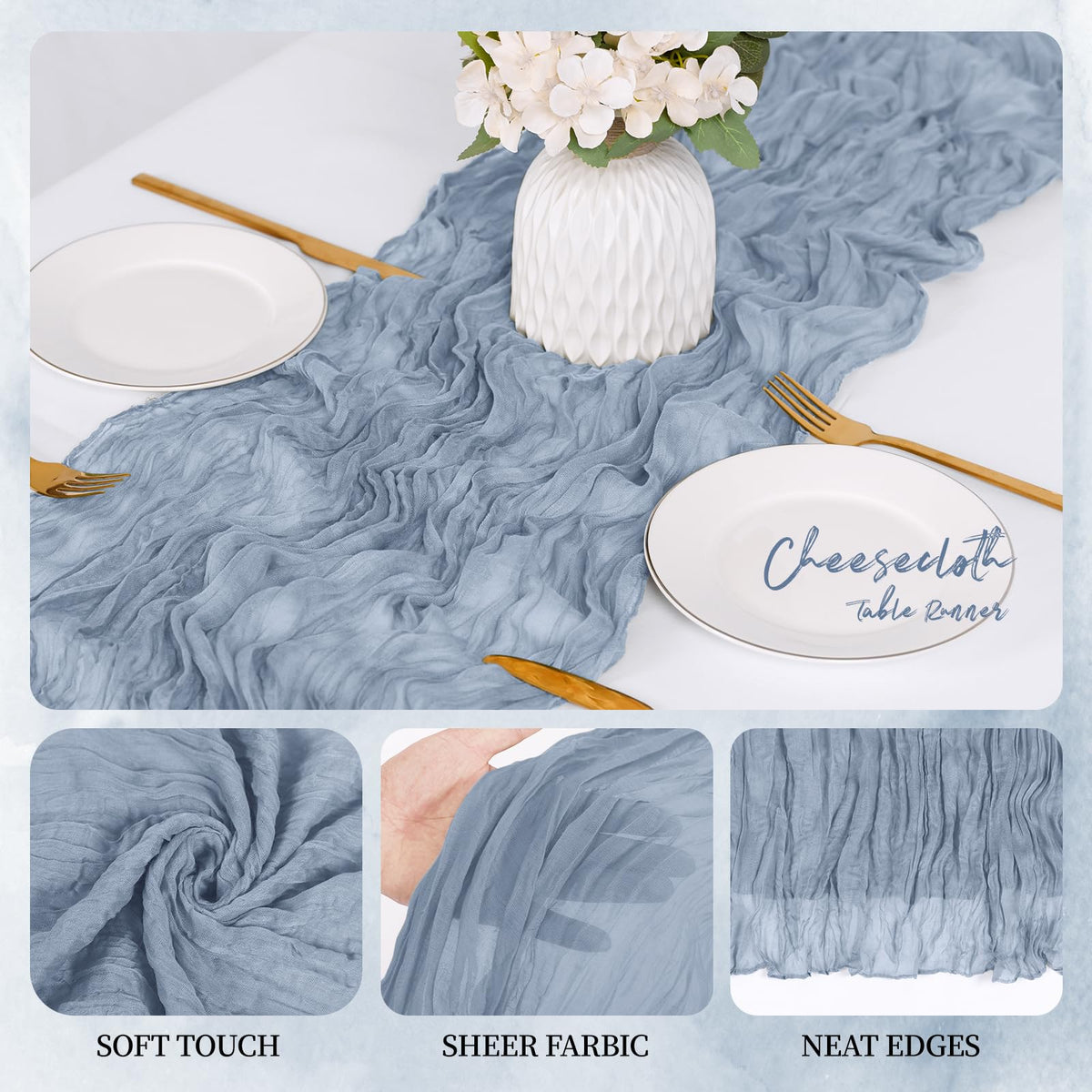 Sheer gauze RealBox runner draped on table for soft ambience.
