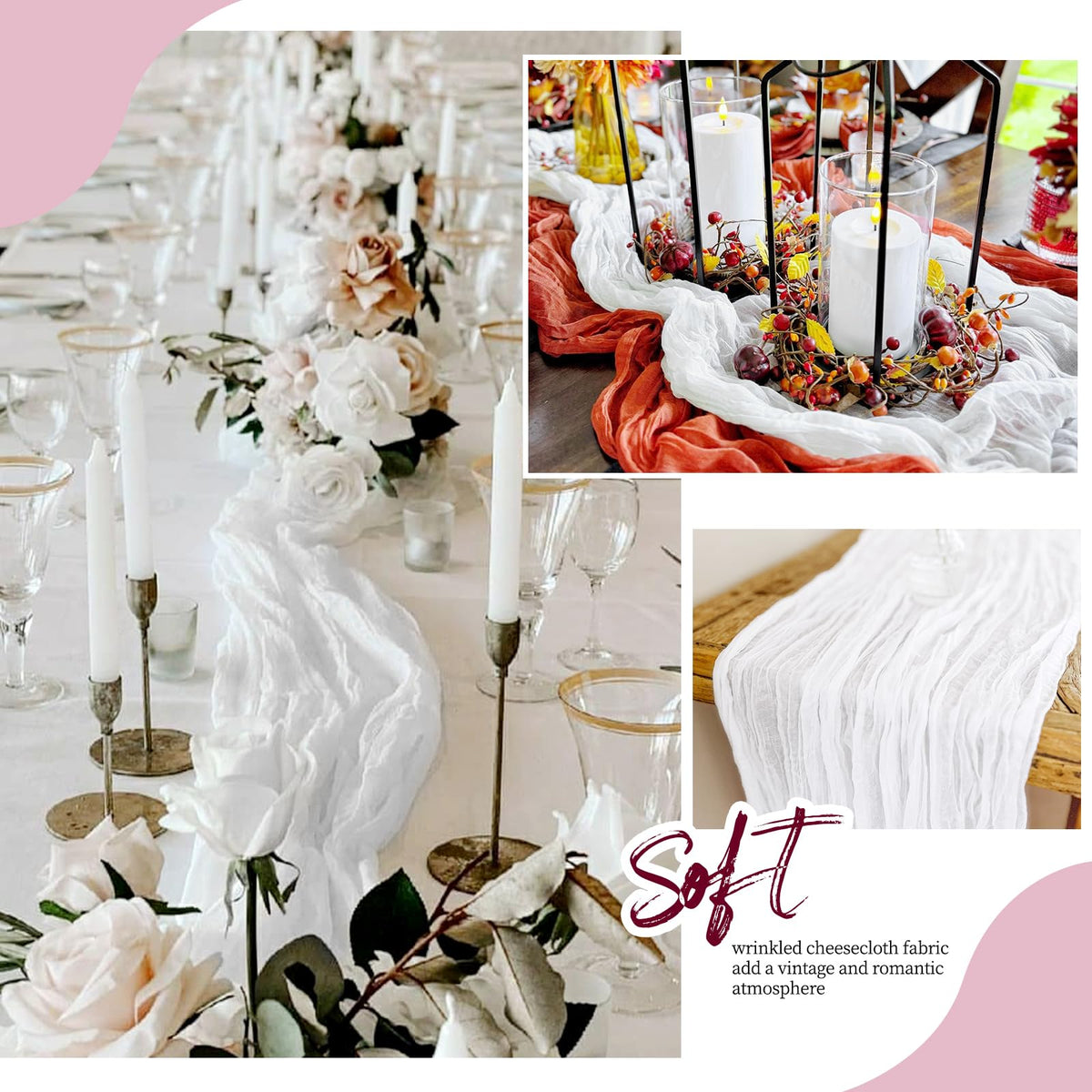 RealBox wedding table decor with gauze runner creates romantic, airy ambiance.