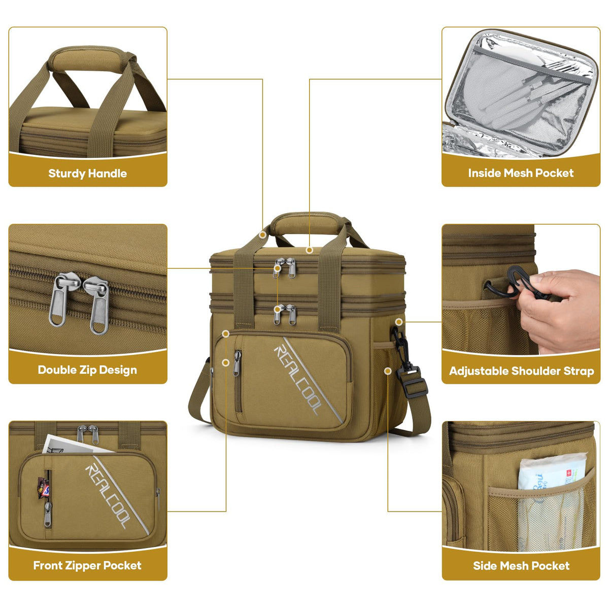 RealCool lunch bag expandable design shows extra space for snacks during travel.