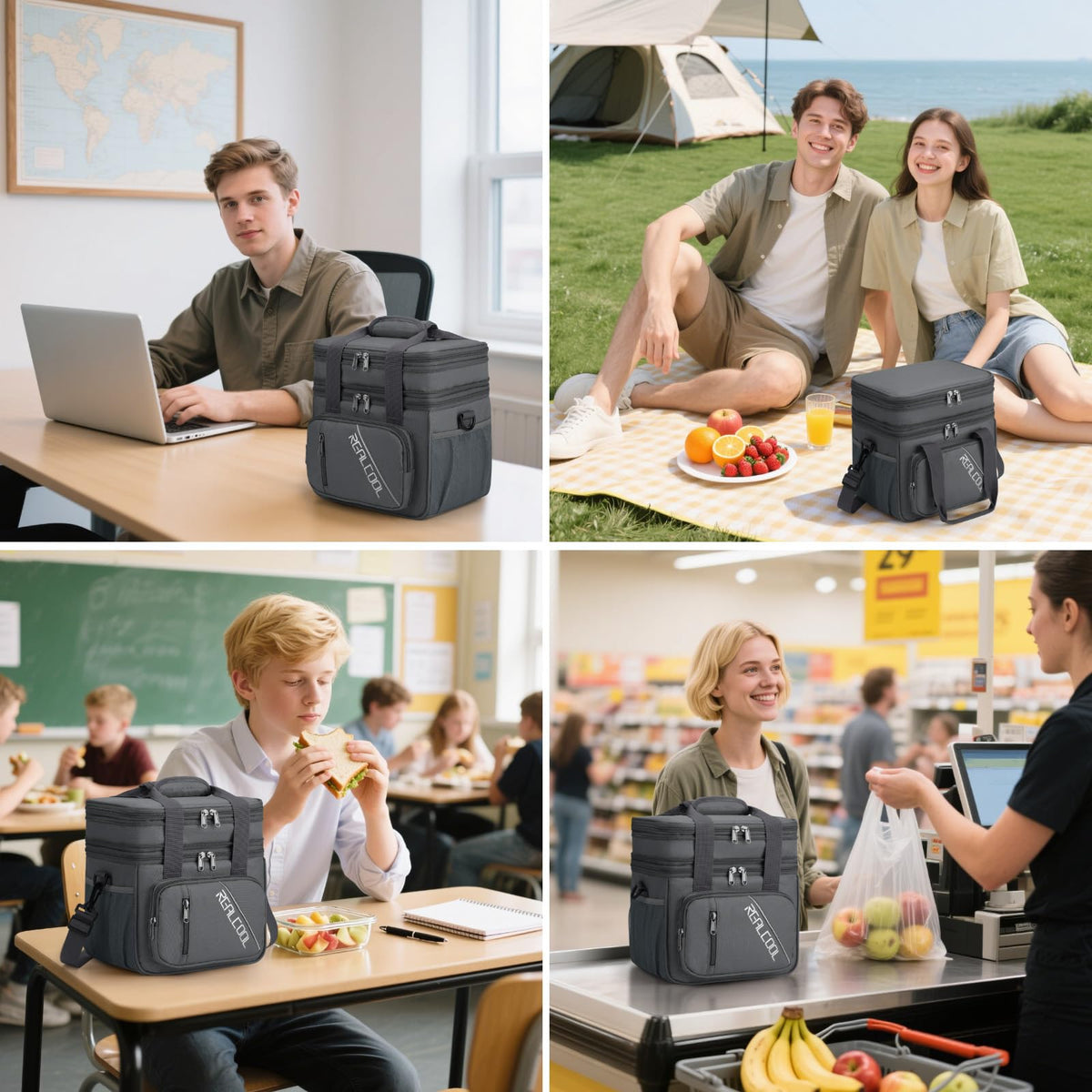 RealCool grey lunch bag pairs with any outfit and workplace setting.