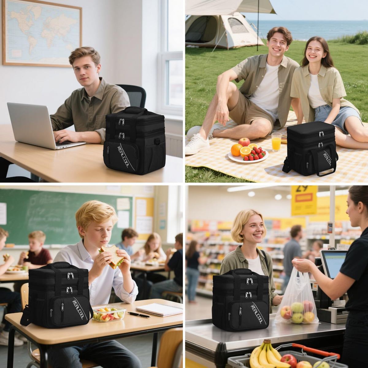 Real Cool lunch bag in real-life scenarios for work, travel, and camping