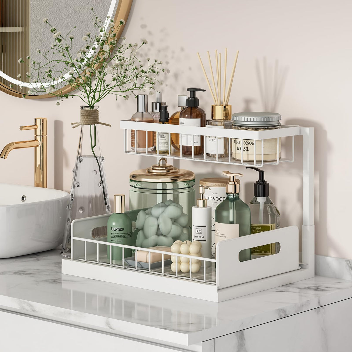 REALINN two-tier pull-out drawer keeps tall bottles organized under the sink