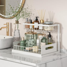 REALINN two-tier pull-out drawer keeps tall bottles organized under the sink