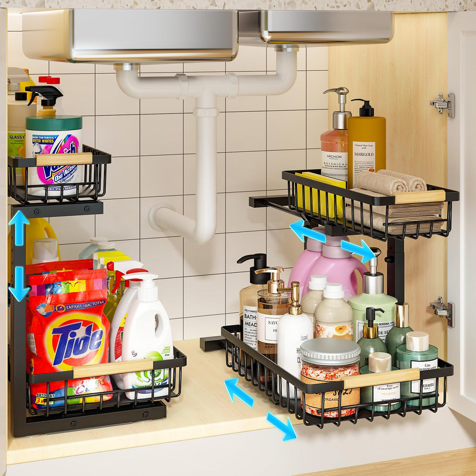 REALINN under sink organizer front view demonstrates compact storage