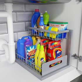 REALINN under-sink organizer with two-tier drawer, front view, space-saving design