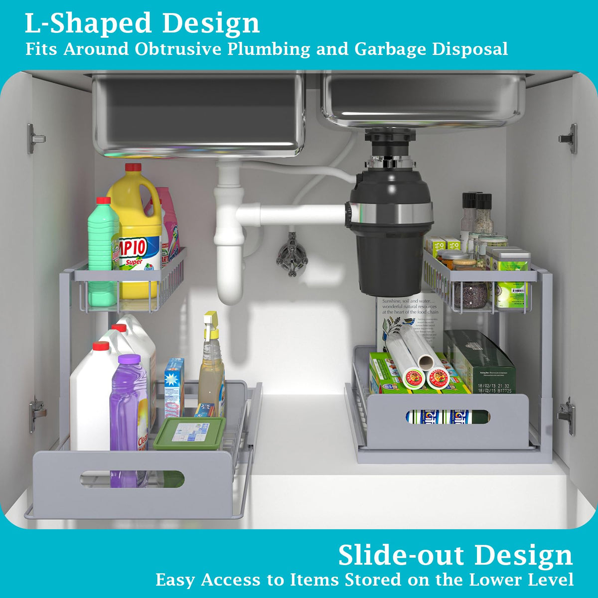 REALINN slide-out drawer under sink, side view showing accessibility