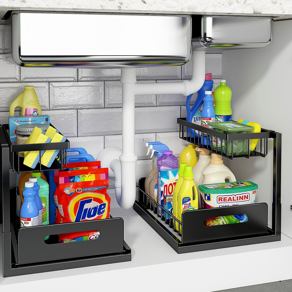 REALINN under-sink organizer with L-shaped design around pipes for easy access