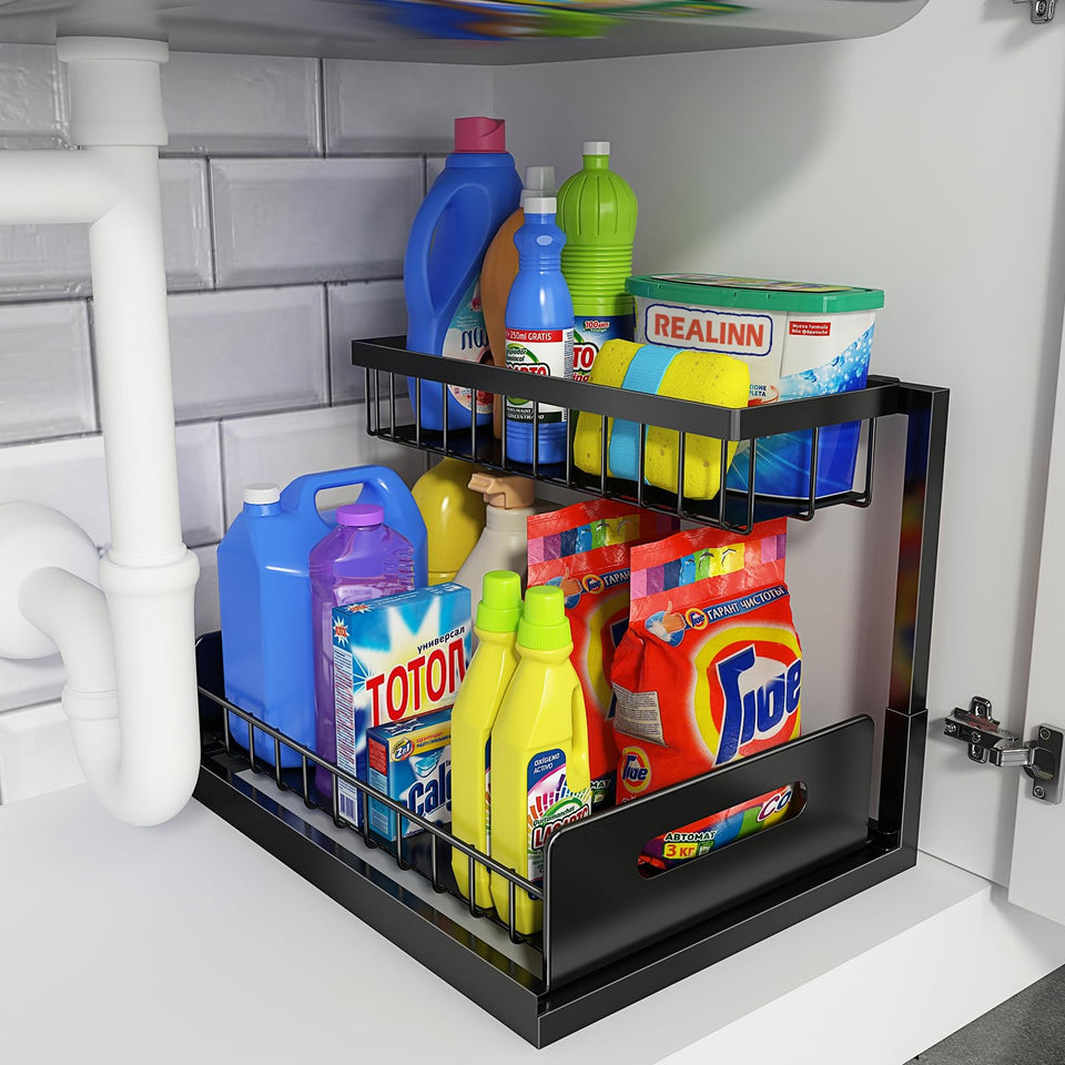REALINN under-sink organizer top basket fits around pipes for flexible placement