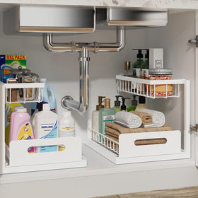 REALINN under-sink organizer top basket fits around pipes for easier access.