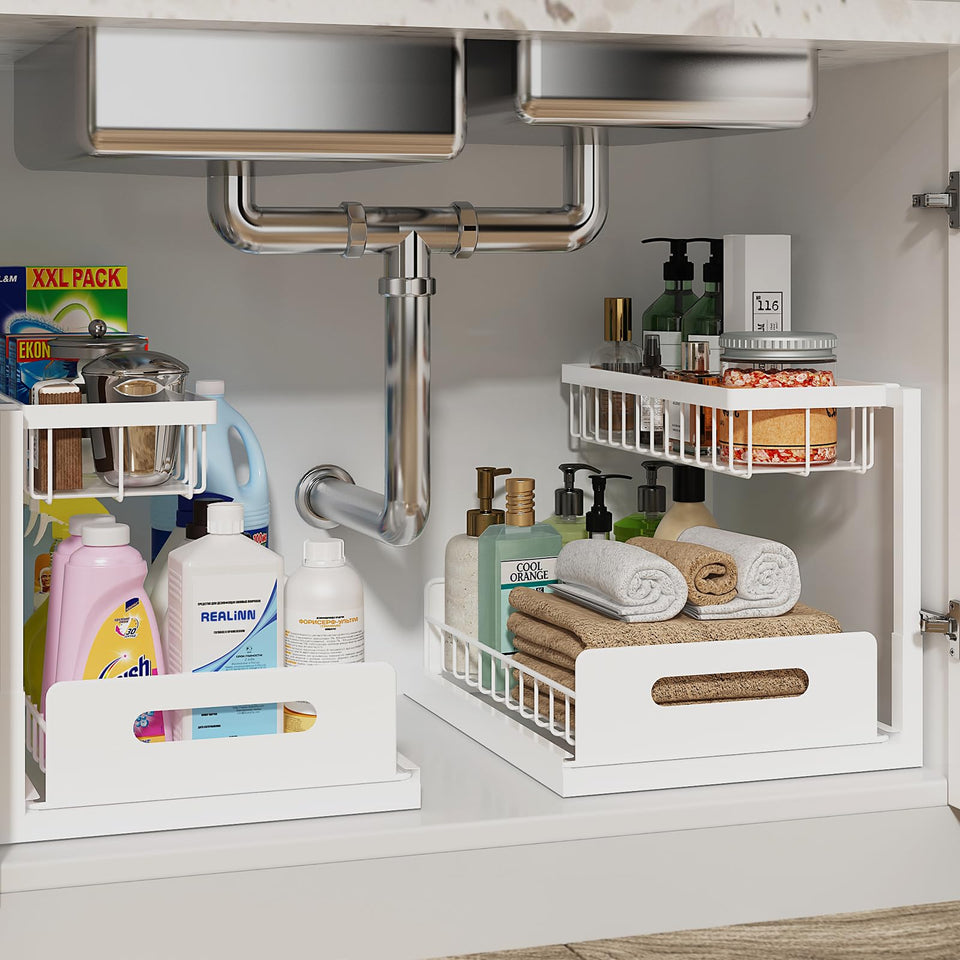 REALINN under-sink organizer top basket fits around pipes for easier access.
