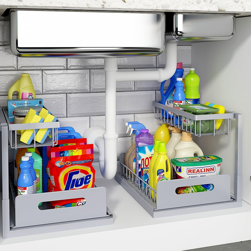 REALINN under-sink organizer top view showing two-tier design for compact storage