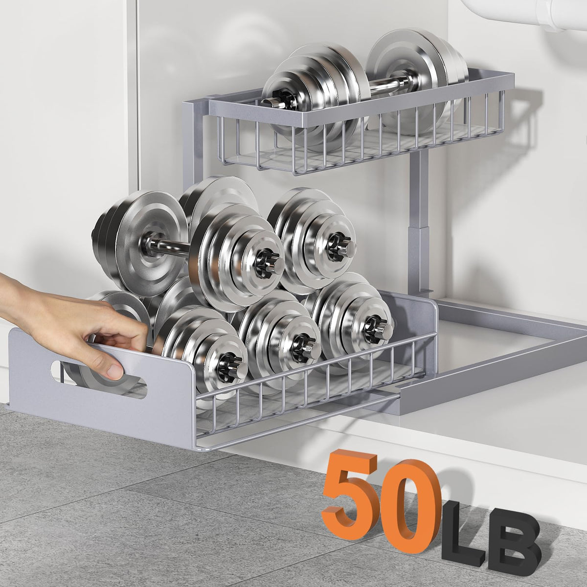 REALINN under-sink organizer two-tier drawer open for easy access