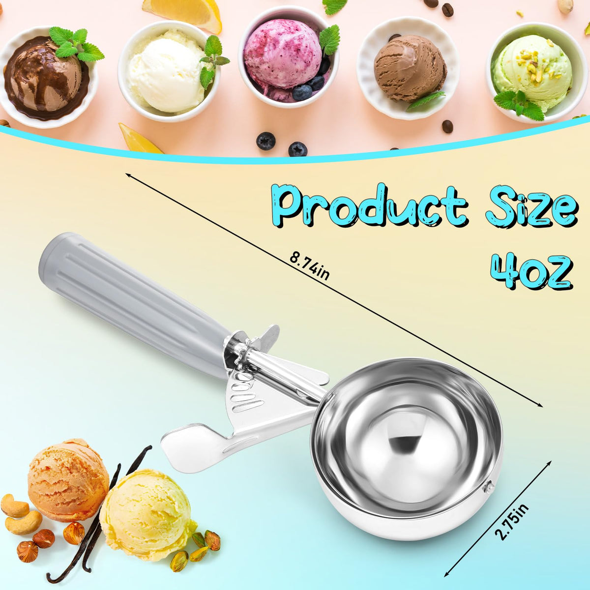 Reallnaive stainless steel ice cream scoop with ergonomic handle for smooth serving.