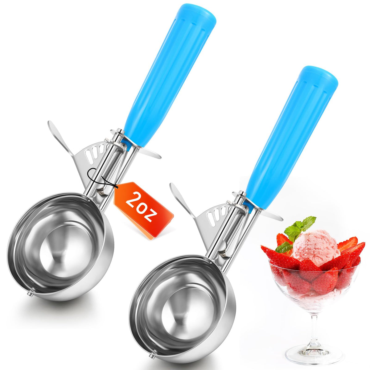 Reallnaive two-ounce cookie scoops with trigger release for precise portions and mess-free serving.