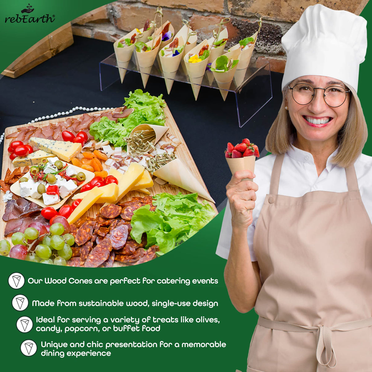 rebEarth disposable cones with cheese and fruit display at party setting