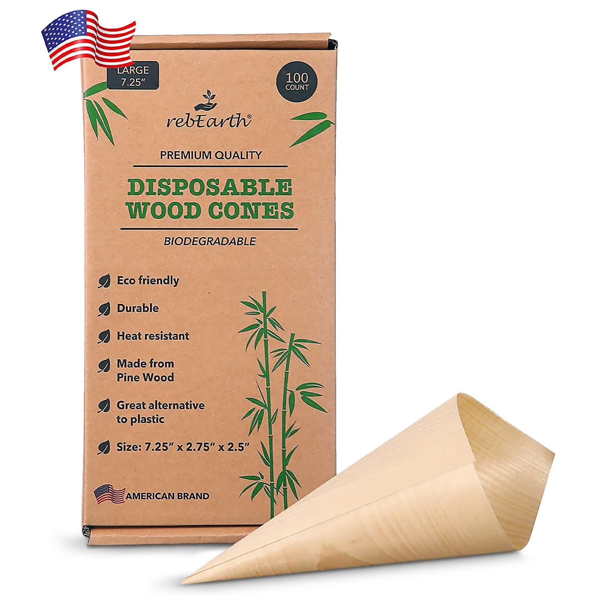 rebEarth disposable wood cones pack shot for elegant charcuterie display and reduced plastic use
