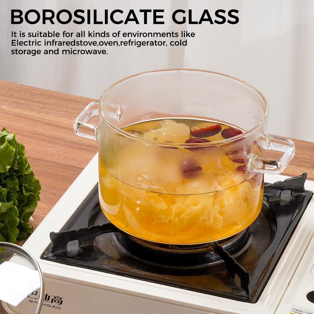 Recceng glass pot on stove suitable for oven or microwave reheating.