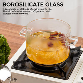 Recceng glass pot on stove suitable for oven or microwave reheating.