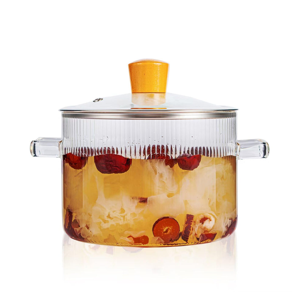 Recceng Glass Simmer Pot with lid showing 1.8L capacity for soups and potpourri.
