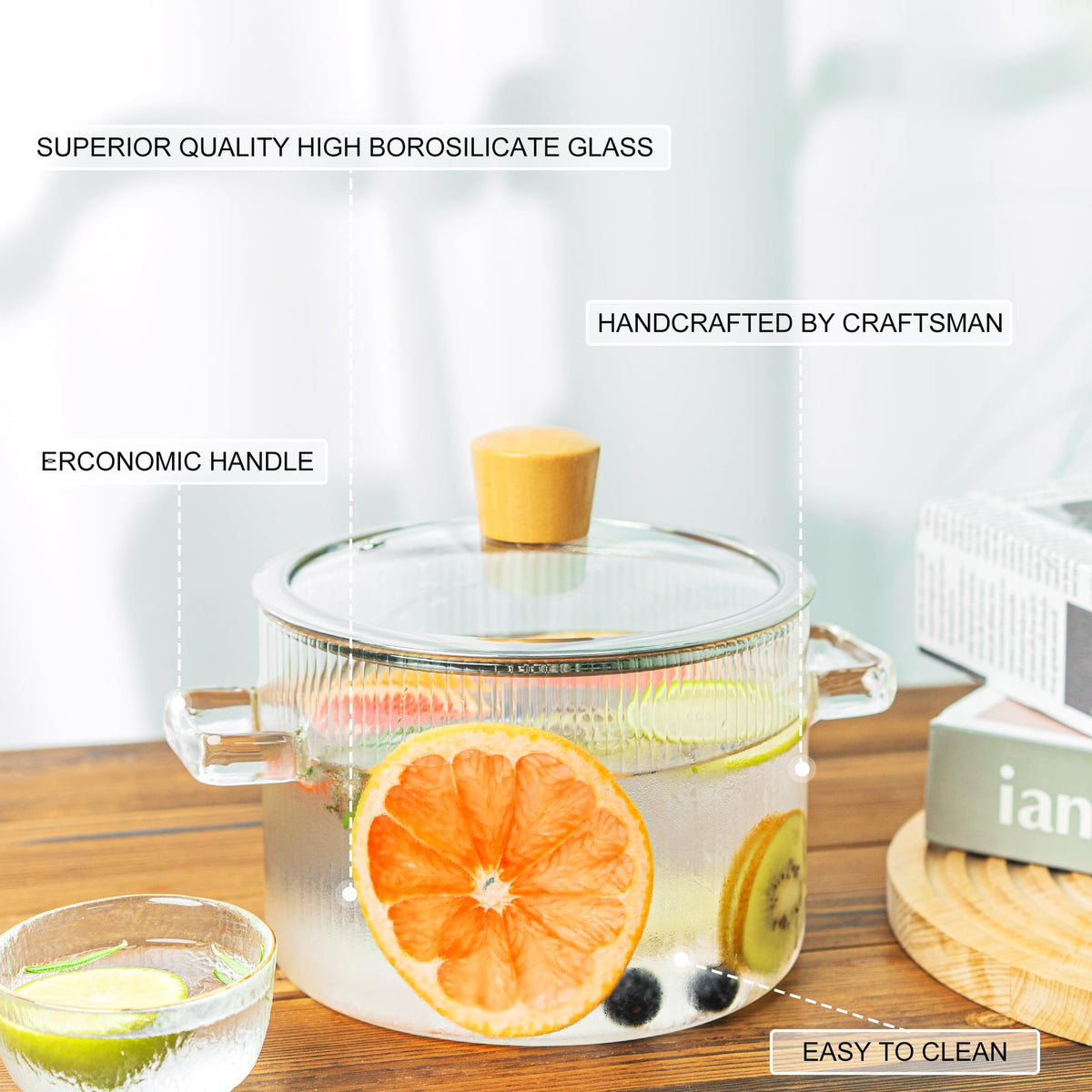 Recceng Glass Simmer Pot heat-resistant handle for safe stirring.
