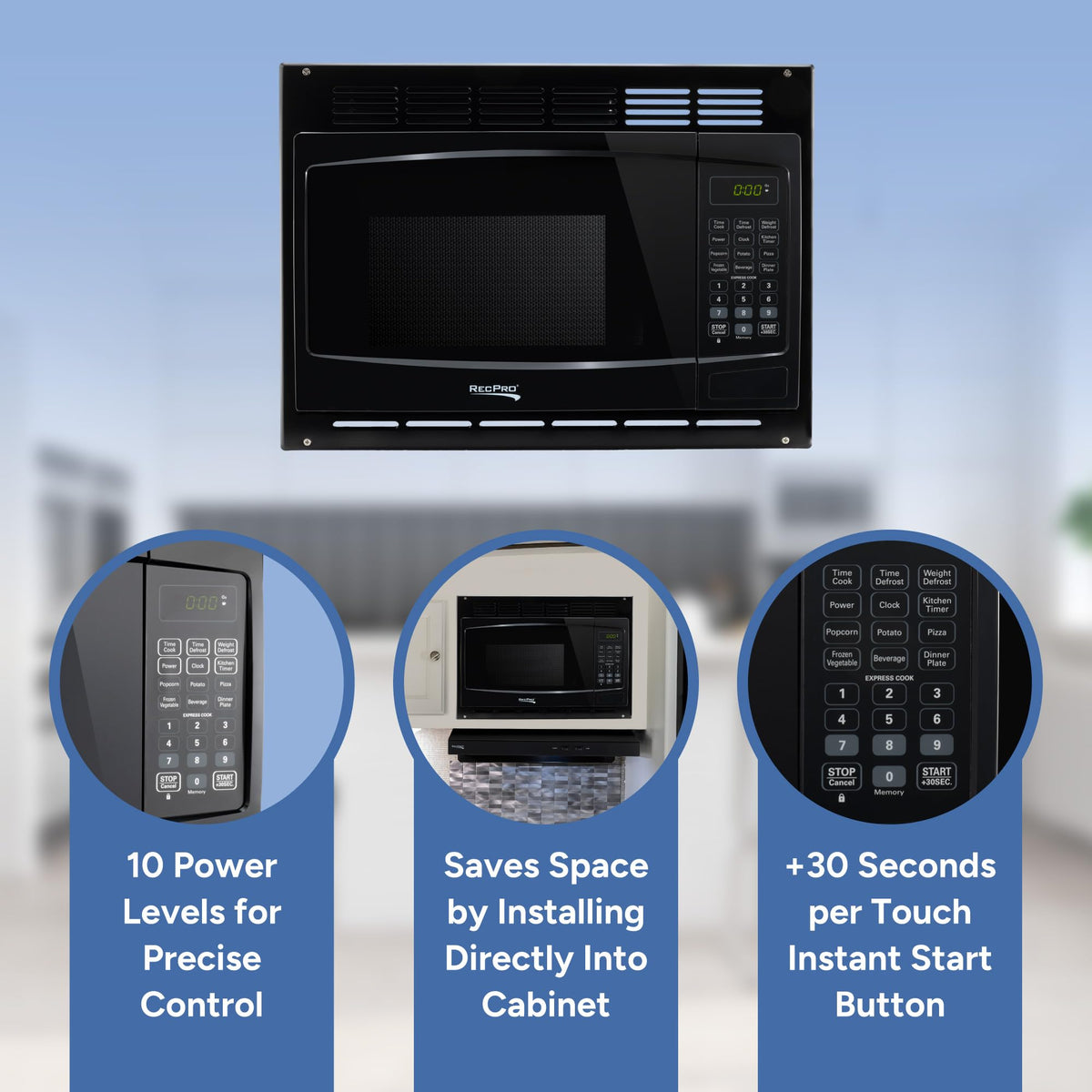 RecPro RV Microwave inside cabinet demonstrates seamless RV kitchen fit.