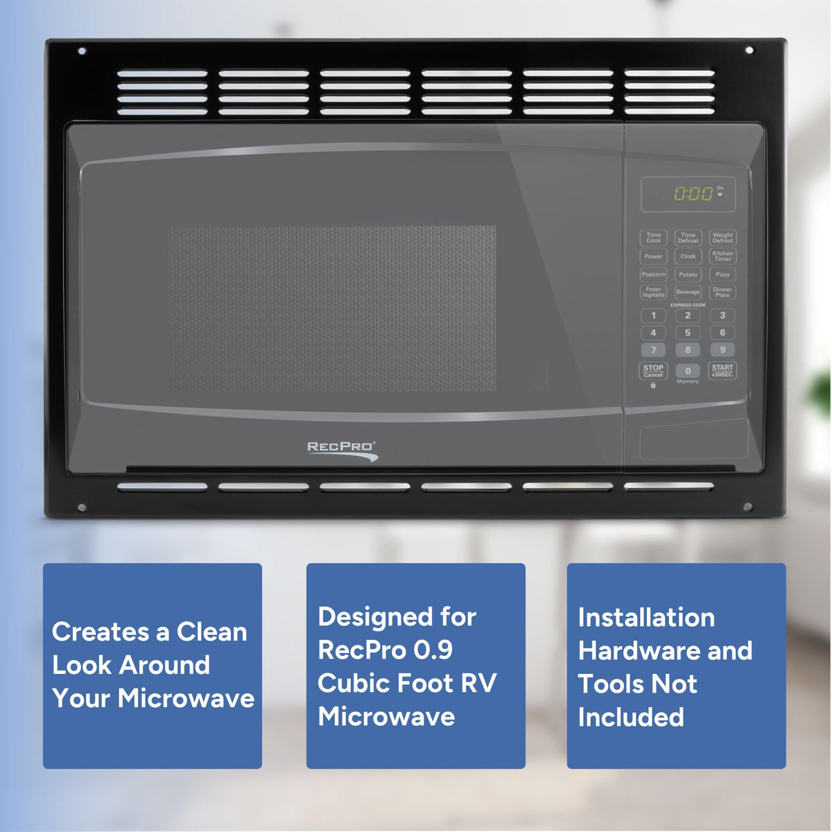 RecPro RV Microwave stainless steel color option blends with appliances.