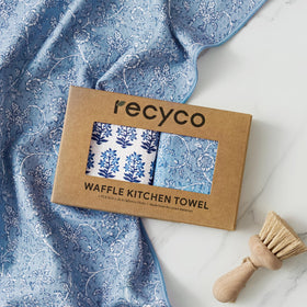 RECYCO versatile cleaning and drying with porcelain blue towels.