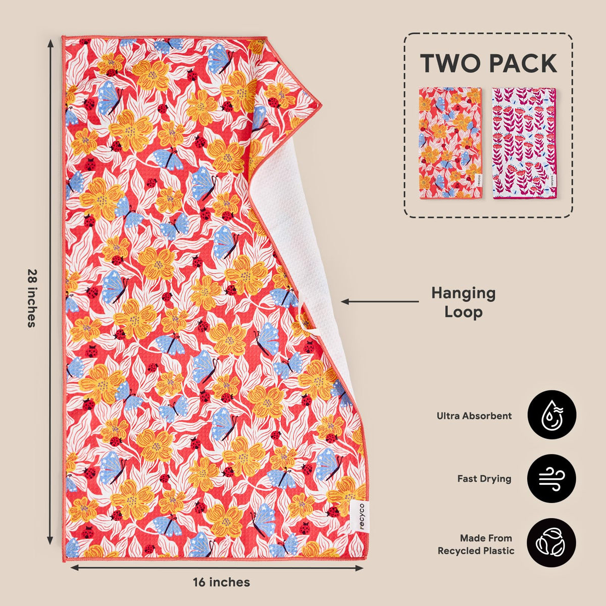 RECYCO towel made from recycled bottles emphasizes sustainability in kitchen.