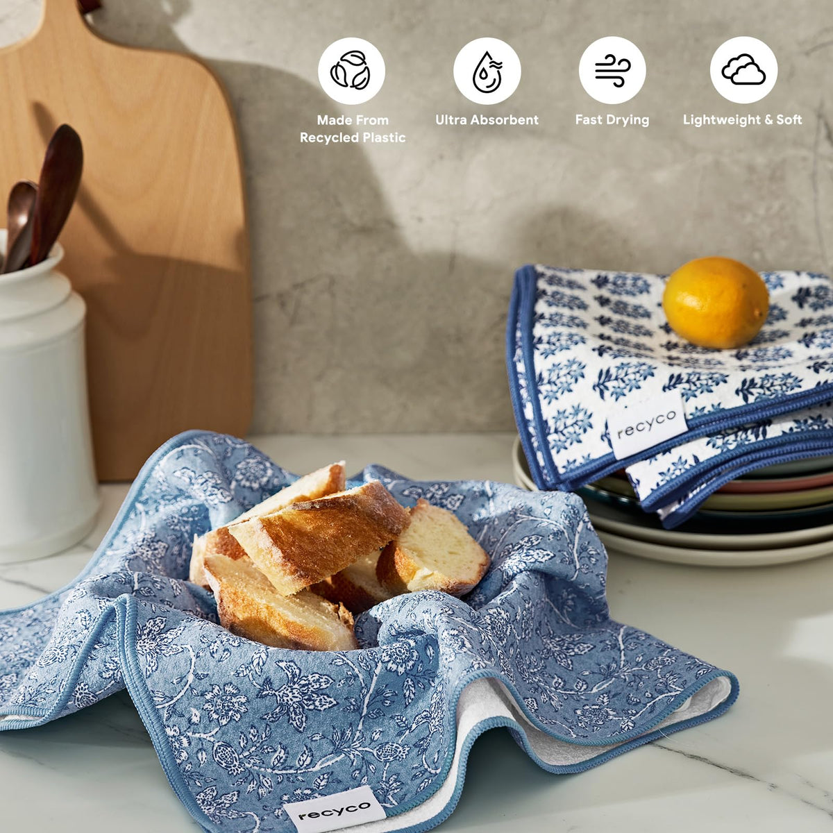 RECYCO quick-dry microfiber towel in porcelain blue detail for absorbency.