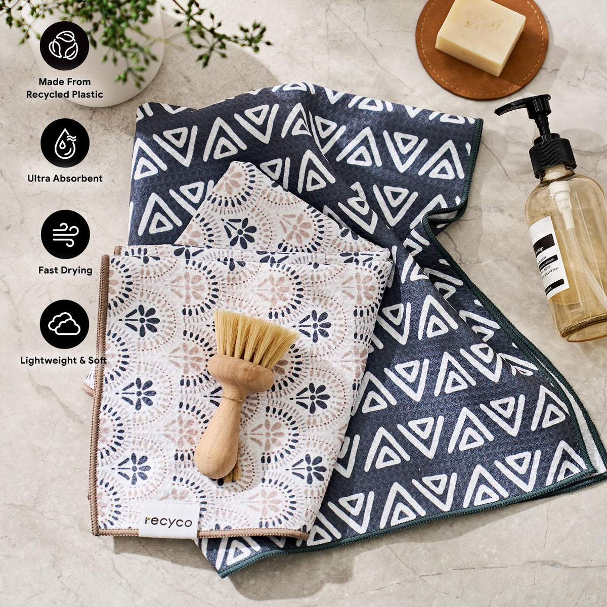 RECYCO quick-dry microfiber towels provide high absorbency for daily cleanup.