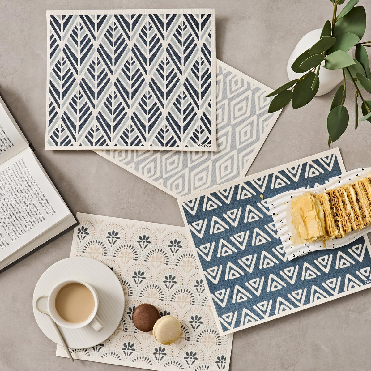 RECYCO Swedish dishcloths dry quickly between tasks to prevent odors.
