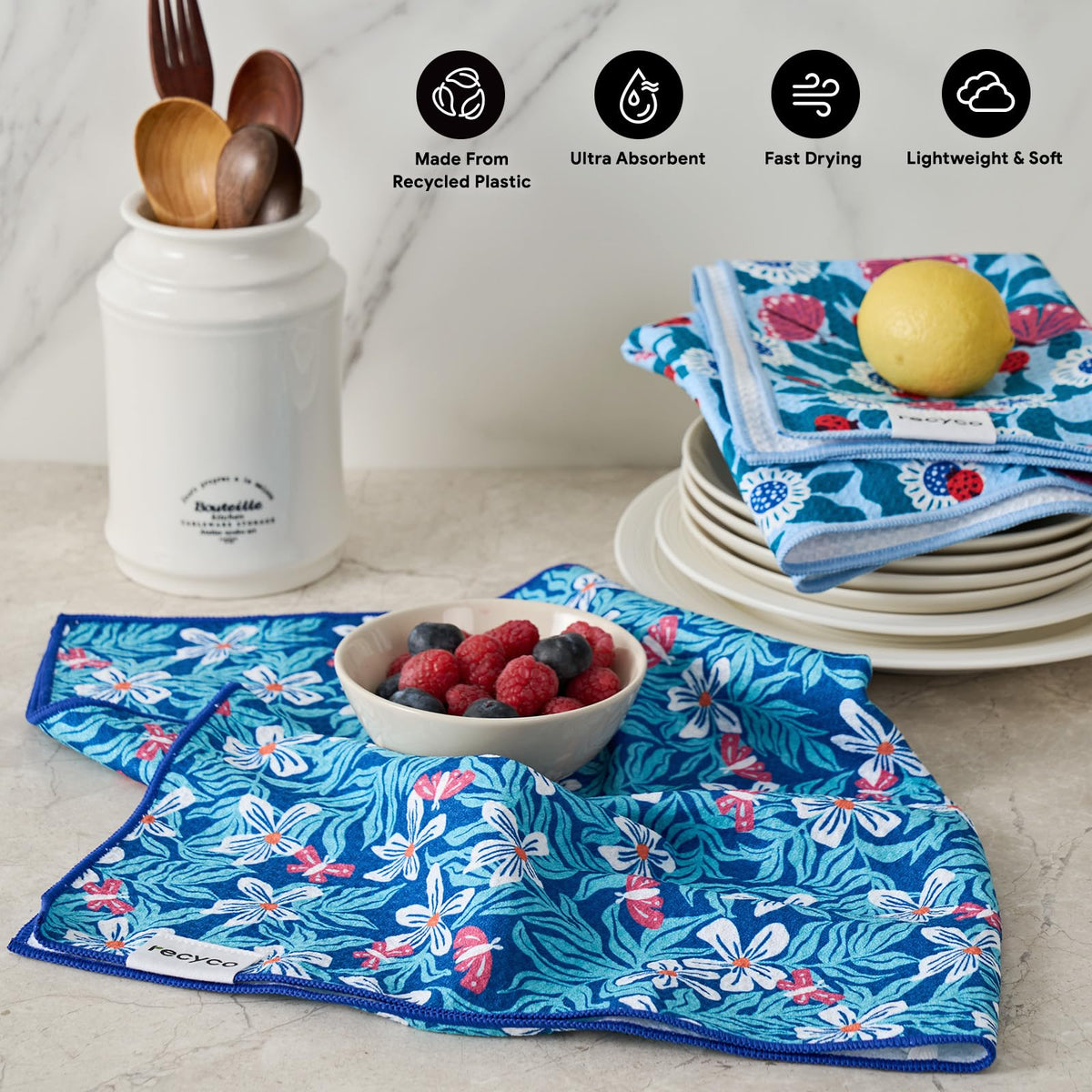 RECYCO waffle towel highlighting aerodry weave for quick drying