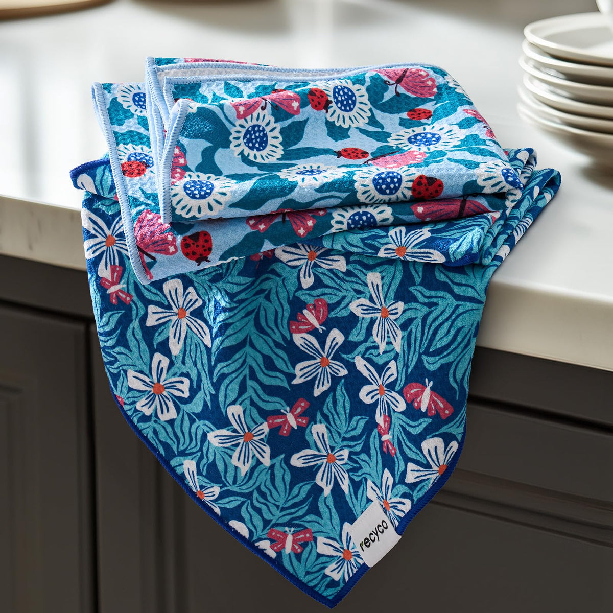RECYCO waffle towels in cloud blue, stylish and absorbent for busy kitchens