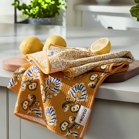RECYCO Waffle Kitchen Towel Marigold Mosaic closeup shows soft weave for gentle hands and fast absorption.