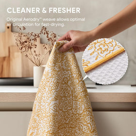 RECYCO Waffle Kitchen Towel Marigold Mosaic hanging loop keeps towels accessible.