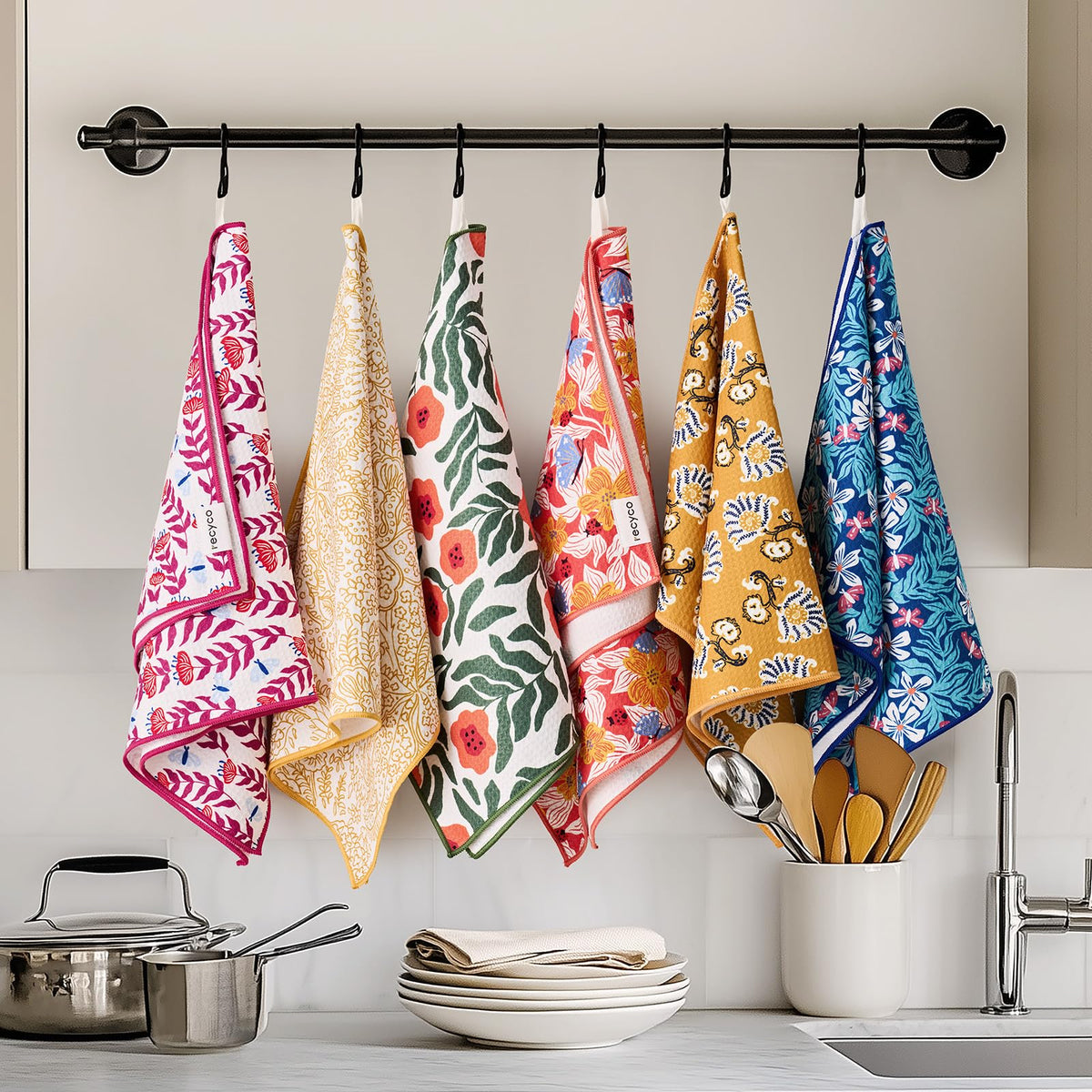 RECYCO Waffle Kitchen Towel Marigold Mosaic machine-washable for easy care.